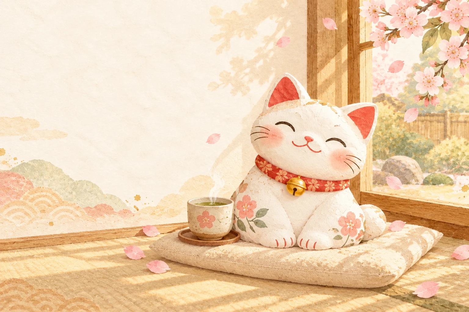 やわらかな日差しの中で、クッションに座ってほほえむ白い猫のふくちゃん