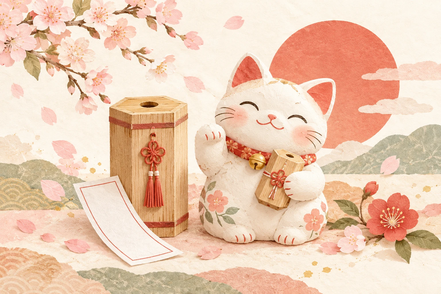桜に囲まれ、おみくじ箱を抱えてにっこり笑う白い招き猫のふくちゃん